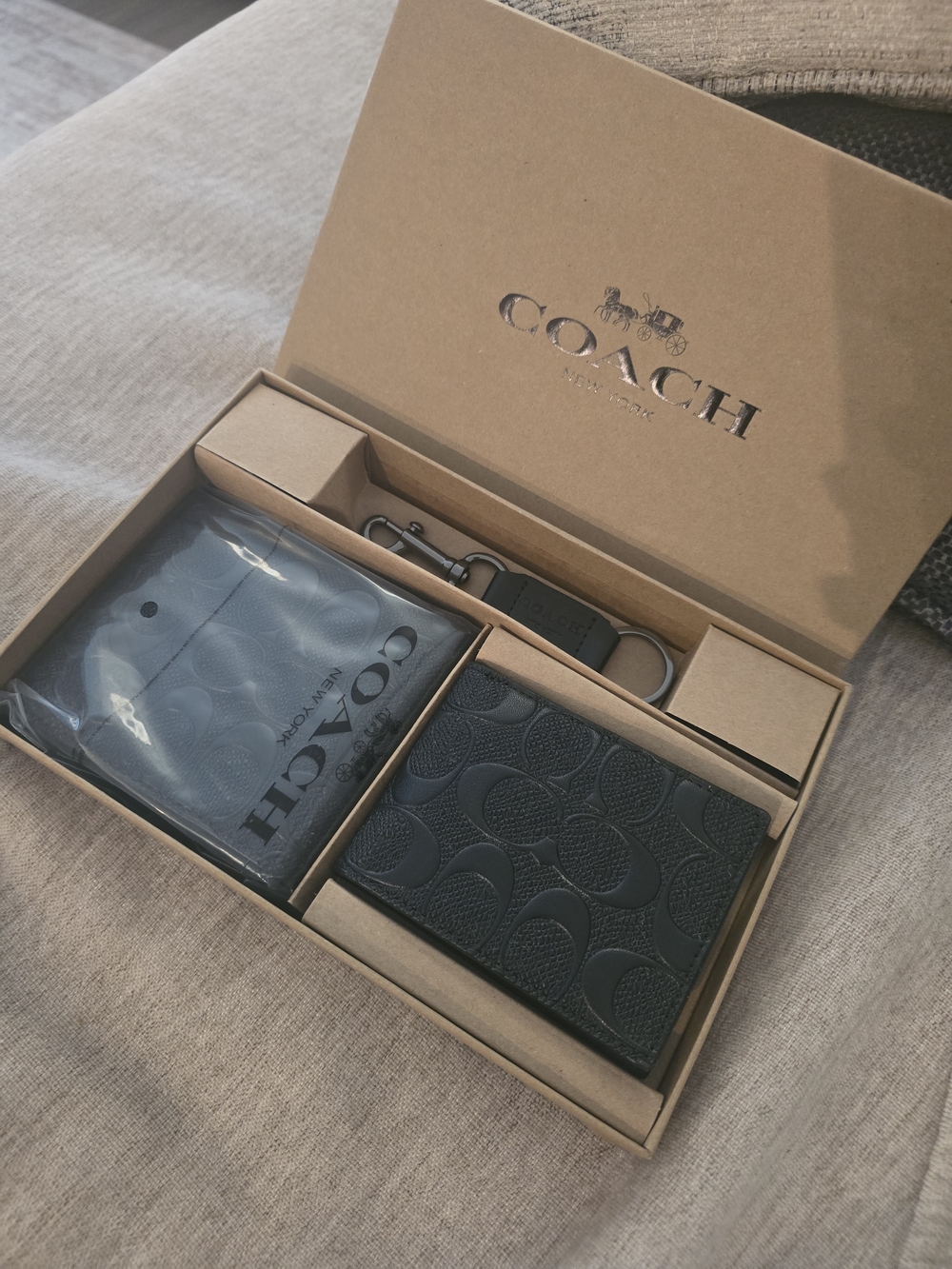 Coach Black Signature Embossed Leather Wallet & Key Fob Set